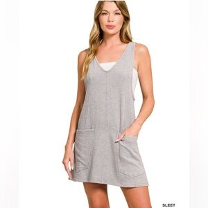 NEW Zenana Washed Slub Overall Mini Dress Sleet Gray Pocket Dress S M L